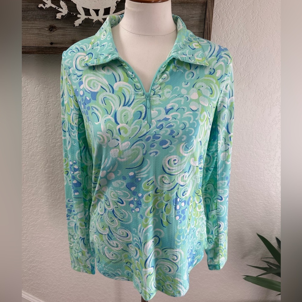 IBKUL Swirl Pattern 1/4‎ zip mesh detail Long Sleeve Top ladies M